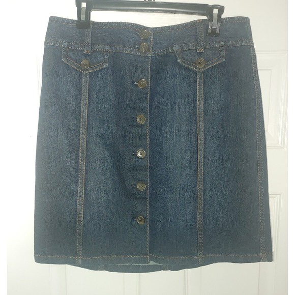 Ann Taylor Button Front Jean Pencil Mini Skirt Size 10 Dark Wash Stretch - Picture 1 of 6